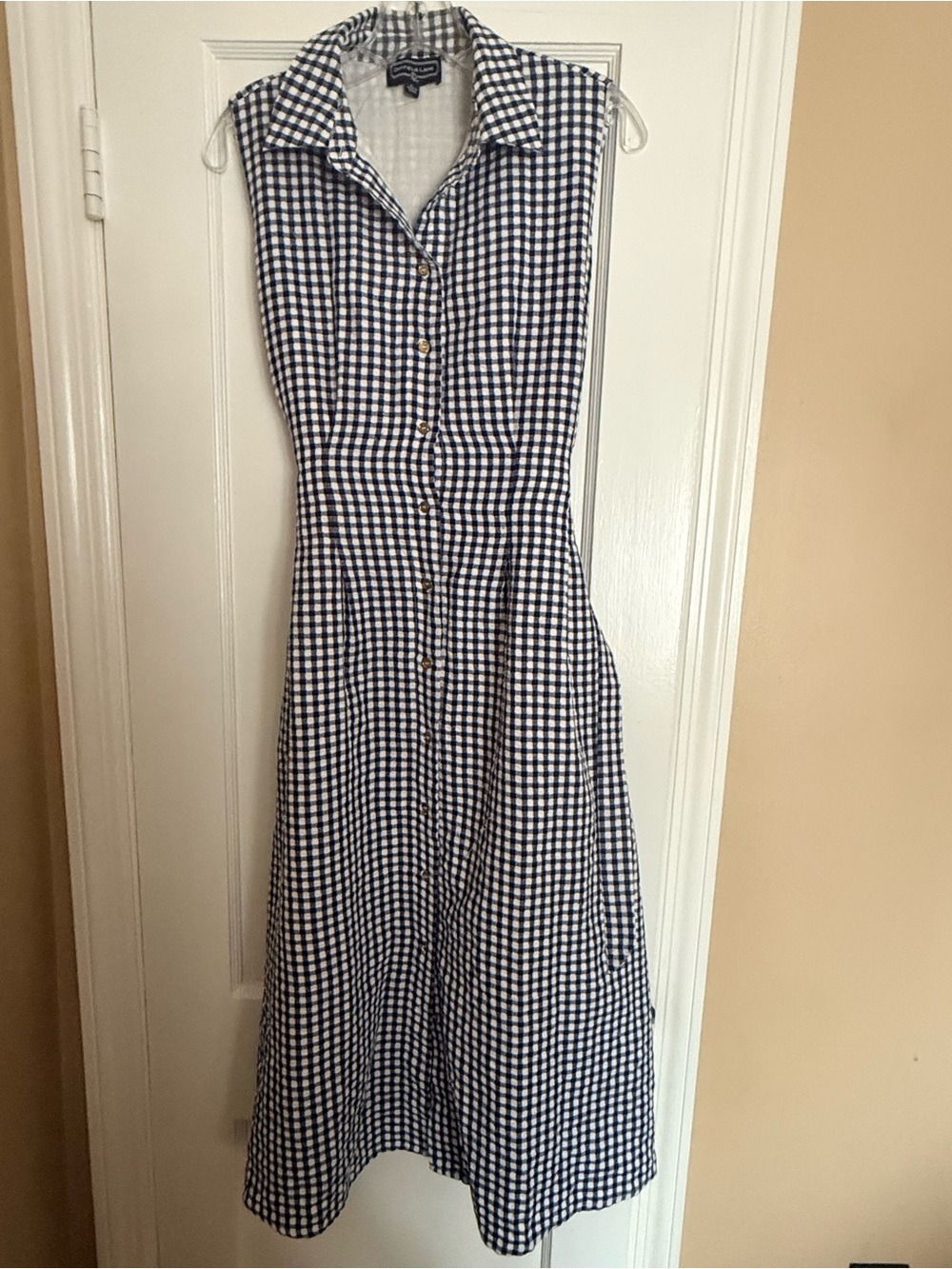 Duffield Lane Gingham Button-Front Dress with belted tie at waist- Navy & Whi